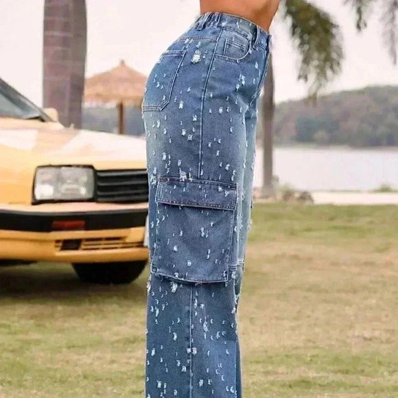 Blue Preppy Women's Ripped Workwear Pocket Denim Jeans - Picture 3 of 5